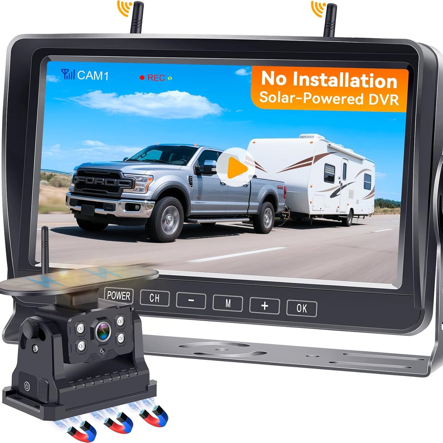 Wireless Backup Camera for RV Install-Free 7-Inch: Magnetic HD 1080P Recording Solar Rear View Camera No-Delay Signal with Touch Button Monitor System Y08