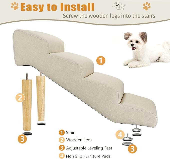 Senneny Imitation Linen Faux Leather Dog Stairs, for Pets up to 150 lbs, Waterproof, Scratch Resistant Pet Steps/Stairs with High Density Foam and Detachable Wooden Legs, Light Beige Linen, 4 Step