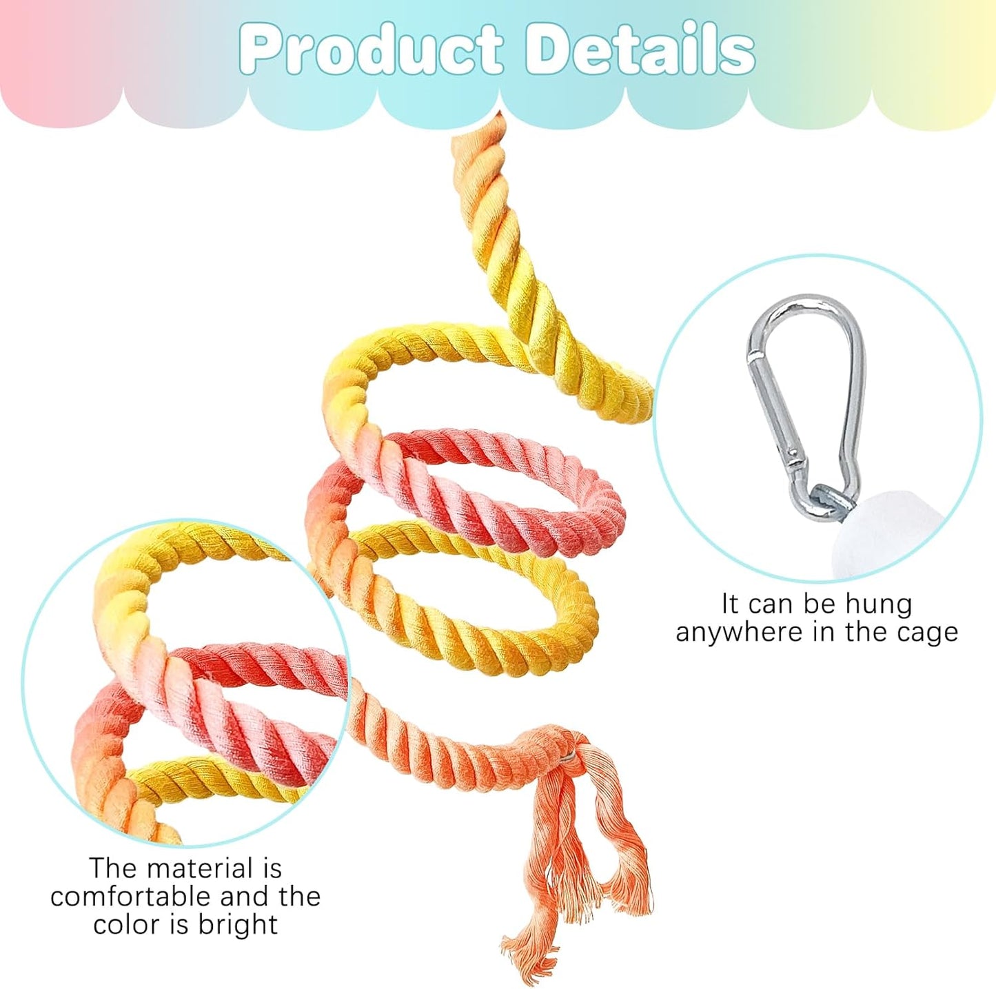 BNOSDM 3 Pcs Rope Perches for Bird Cages Gradient Sunset Color Bendable Climbing Rope Ladders & Swings Birds Cage Accessories Toy for Parakeets, Budgies, Cockatiels, Conures, Lovebirds