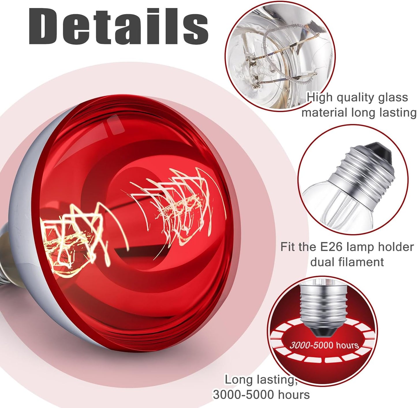 VIHOSE 1 Pack 250 Watt Heat Lamp 120v R40 Heat Lamp Bulbs Glass Incandescent Light Bulbs Incandescent Heating Lightbulbs for Reptiles Chicks Food Puppies Bathroom, Use E26 Base (Red)