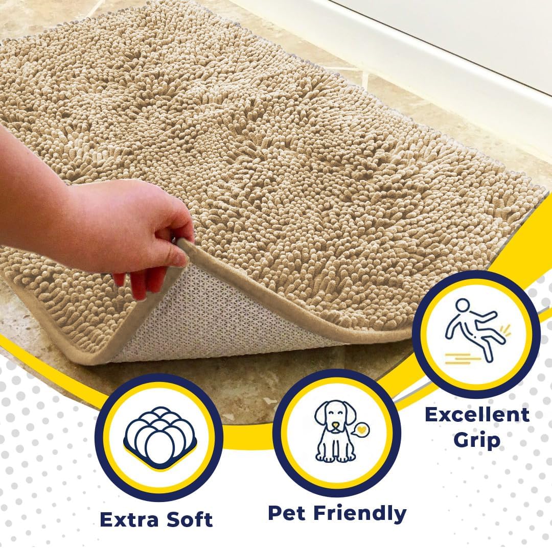 Muddy Mat® AS-SEEN-ON-TV Highly Absorbent Microfiber Door Mat and Pet Rug, Non Slip Thick Washable Area and Bath Mat Soft Chenille for Kitchen Bathroom Bedroom Indoor and Outdoor - Beige XXXL 72"X48"