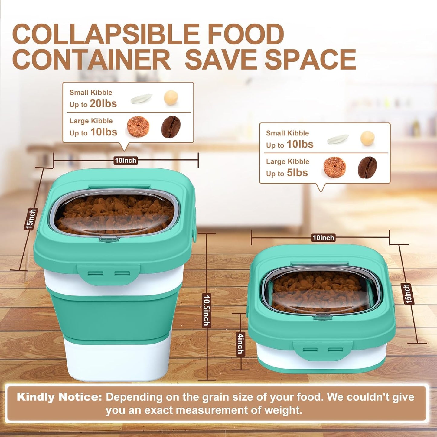 Dog Food Storage Container, 10lb to 13lb Collapsible Dog Cat Food Containers with Airtight Clear Flip-top and Pet Food Scoop, Pet Food Storage Container Bin for Dog Cat Bird Other Pets (Green)