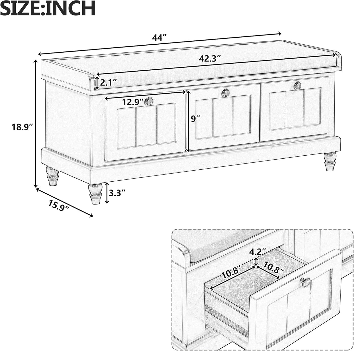Classic Shoe Storage Bench with Cushion and Three Drawers, Fluted Entryway Bench with Storage for Entryway, Living Room, Hallways 44.0" L x 15.9" W x 18.9" H Gray Wash