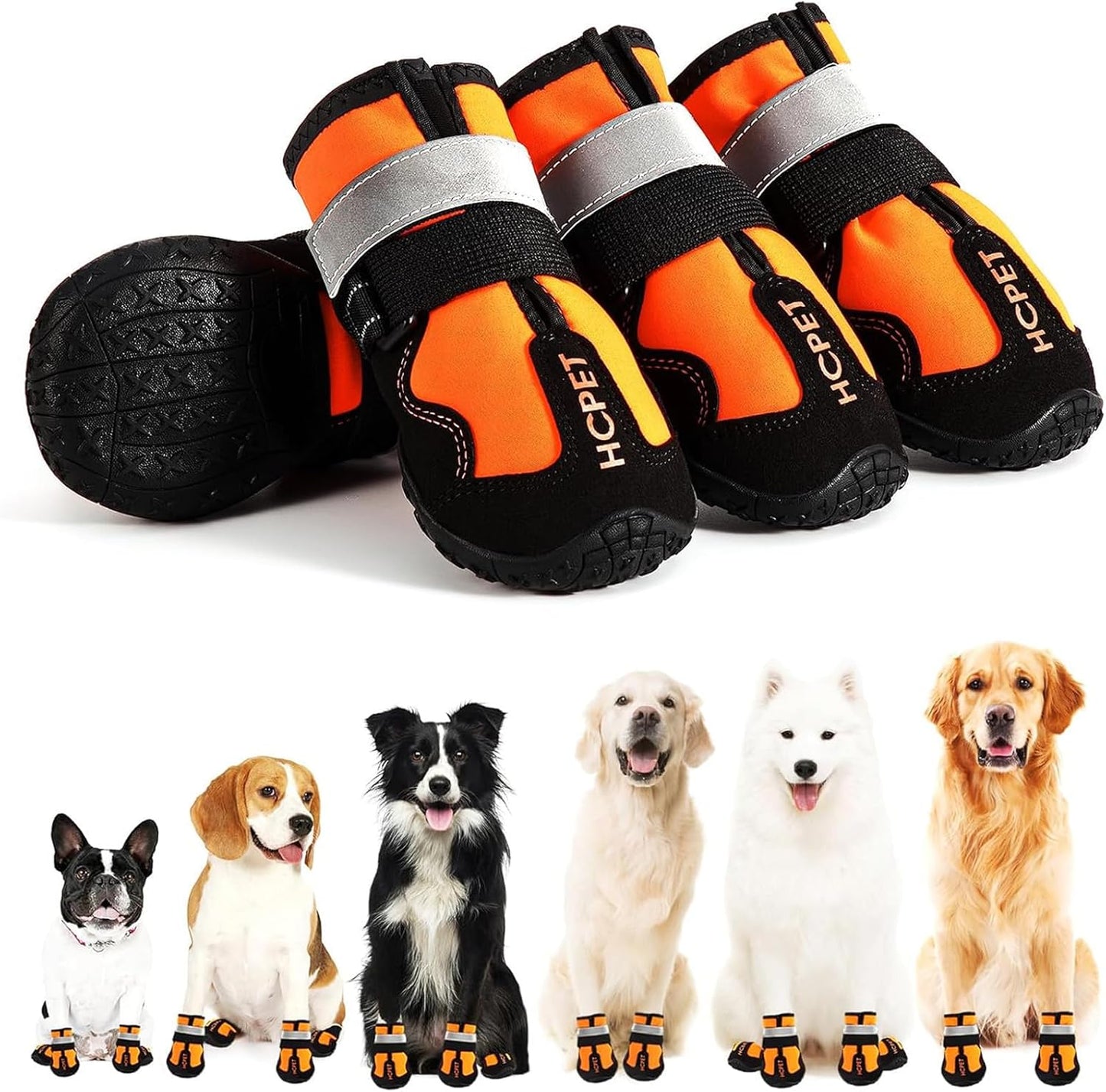 Hcpet Dog Shoes, Dog Boots for Large Dogs, Waterproof Dog Booties Paw Protector for Summer Hot Pavement, Winter Snowy Day, Outdoor Walking, Indoor Hardfloors Anti Slip Sole Orange Size 7