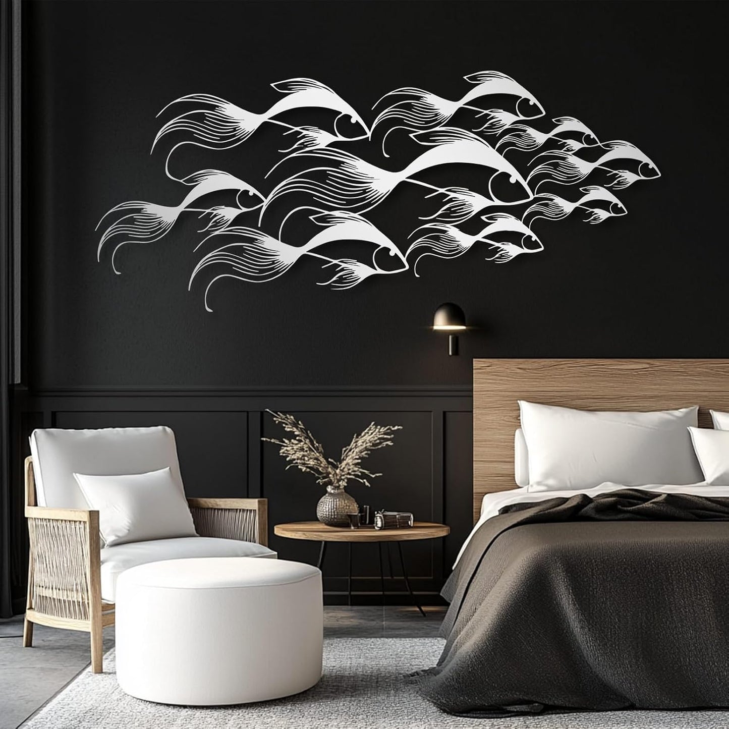 School of Fish Metal Wall Art, Metal Fish Wall Decor, Sea Life Wall Art, Large Nautical Wall Hanging, Modern Beach House Wall Decor, Ocean Themed Artwork for Bathroom (Silver, 59"x25" | 150x64cm)