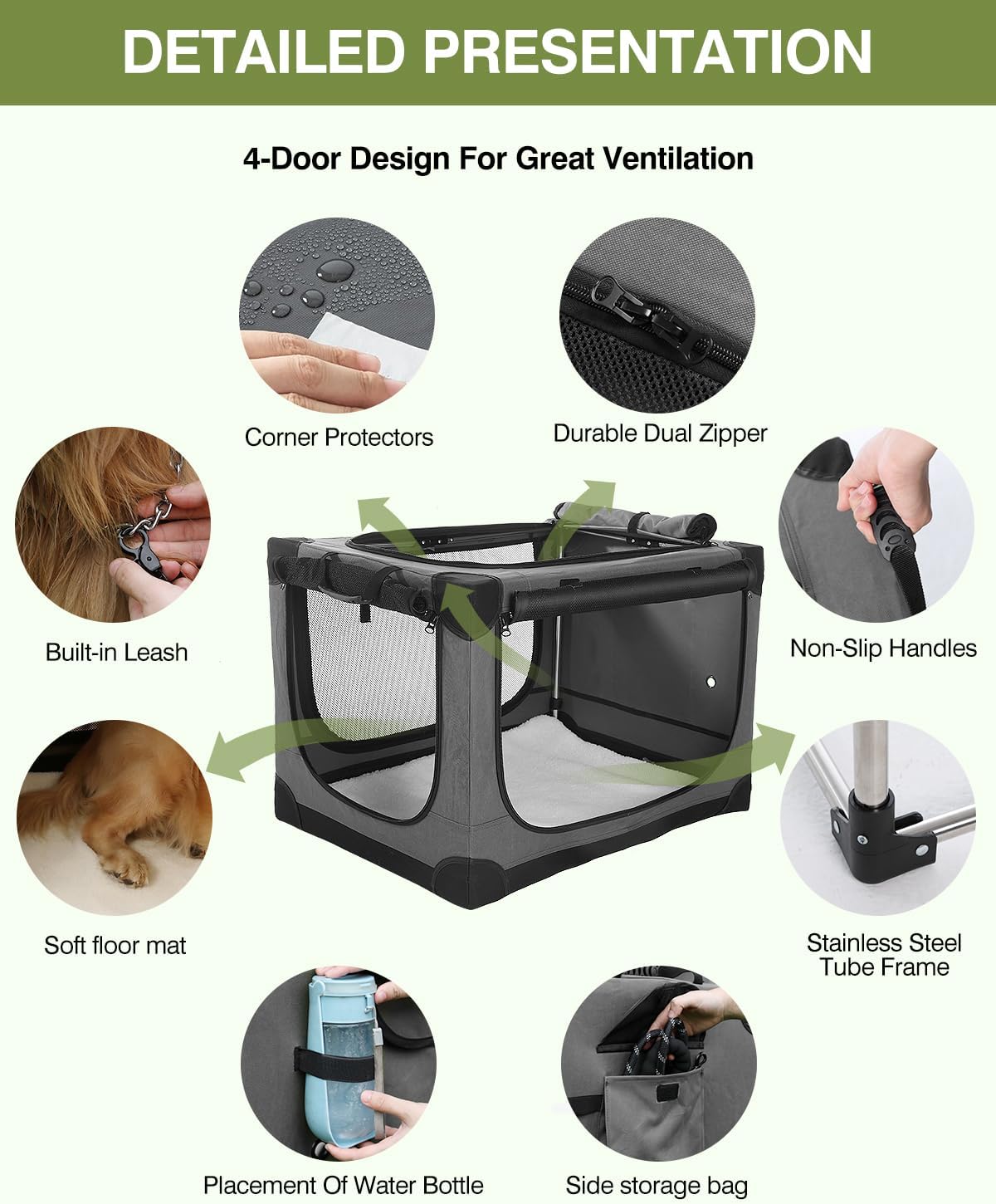 36-Inch Collapsible Travel Dog Crate, Portable 4-Door Soft Kennel for Medium to Large Dogs, Durable Mesh Windows, Indoor/Outdoor Use, Foldable, with Storage Bag (Grey)