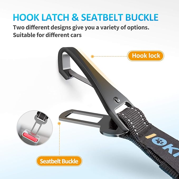 Dog Seat Belt 3-in-1 Car Harness for Dogs Adjustable Safety Seatbelt for Car Nylon Reflective Bungee Fabric Dog Car Harness with Clip Hook Latch & Buckle, Swivel Zinc Alloy Carabiner (Black)