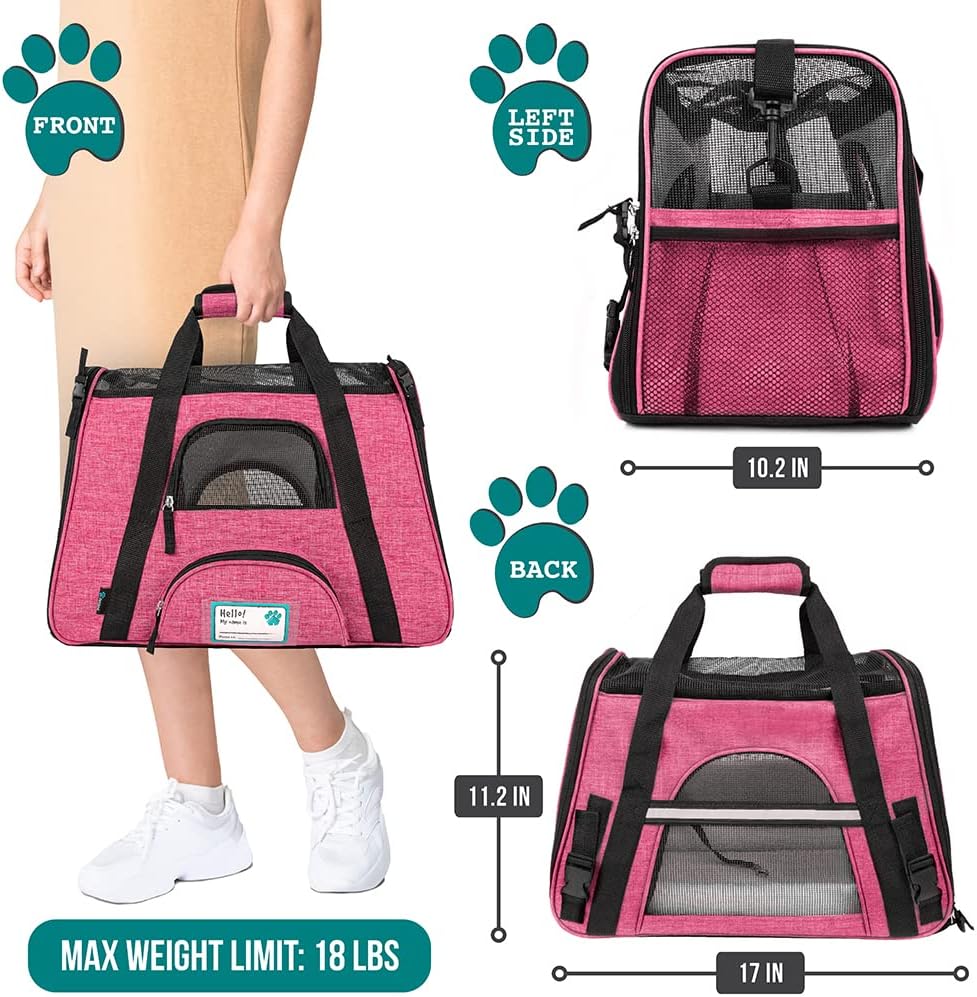 PetAmi Airline Approved Pet Carrier for Cat, Soft Sided Dog Carrier for Small Dog, Cat Travel Supplies Accessories Indoor Cat, Ventilated Pet Carrying Bag Medium Large Kitten Puppy, Small Heather Pink