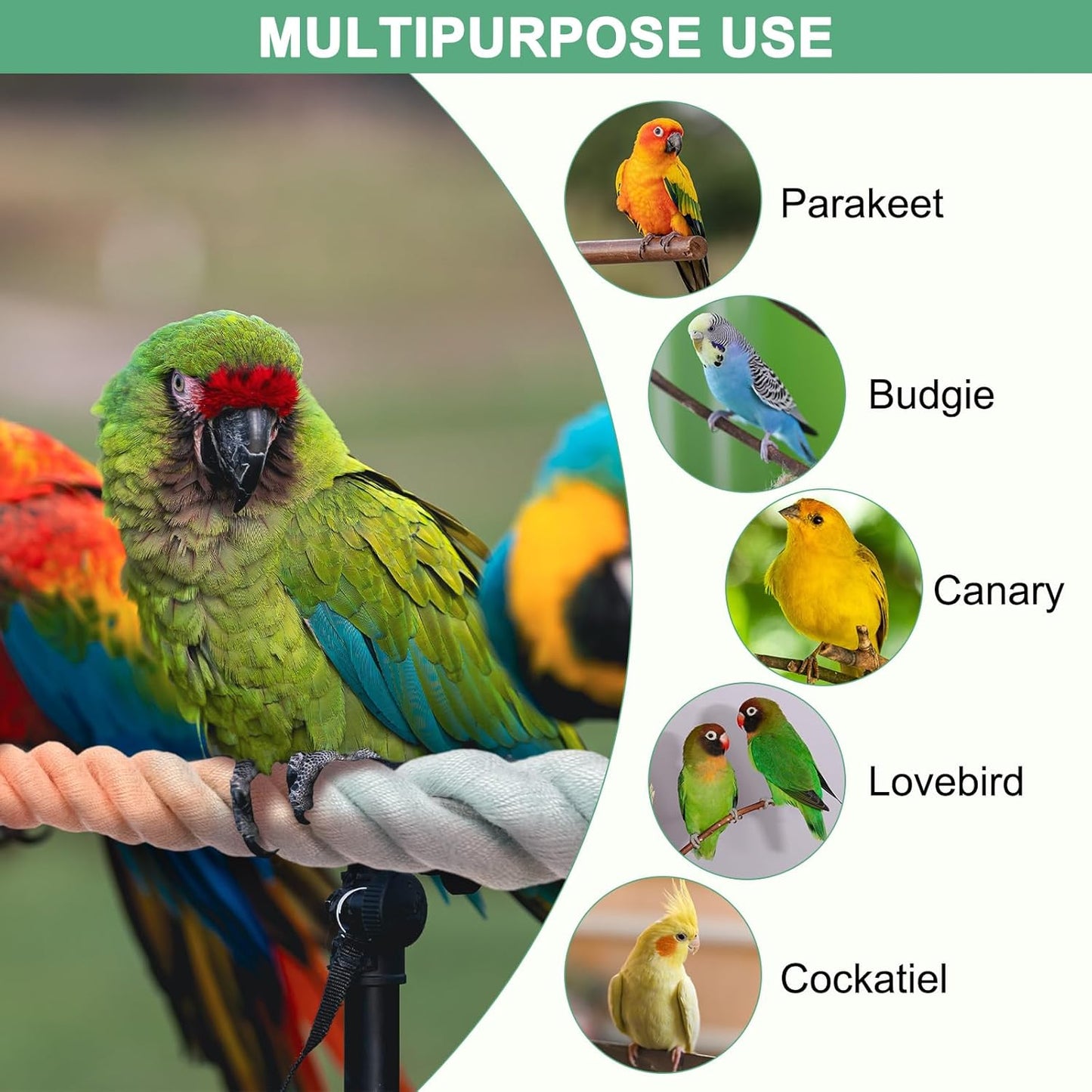 1-Pack Rope Perches for Bird Cages, 31.5 in Length Comfort Grip Flexible Rope Perch Beak & Paw Grinding for Parrots/Cockatiels/Parakeets, Bird Platform Sand [Pink Blue]