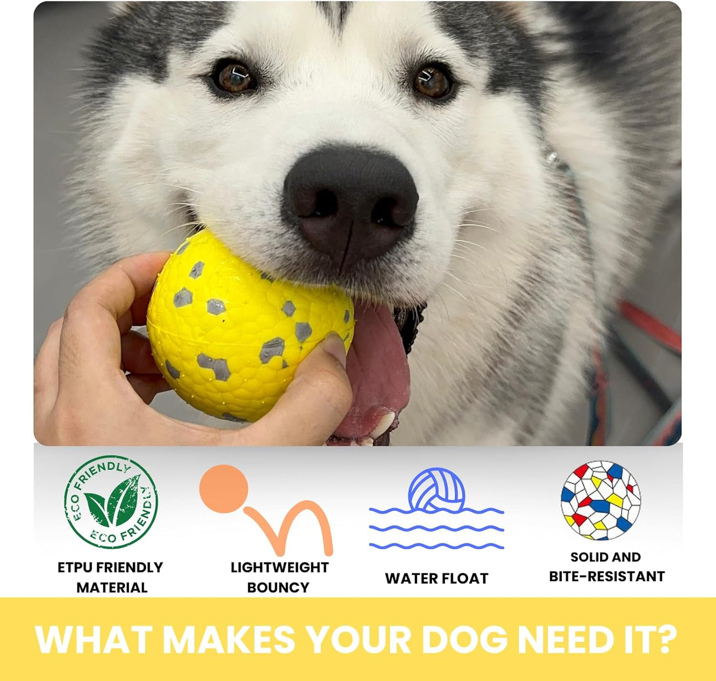 Tough Dog Toys for Aggressive Chewers & Teething Puppies, Bouncy Balls for Medium Dogs, Durable Pet Toys, Floating Dog Balls for Water Play (Yellow-Blue-Gray)