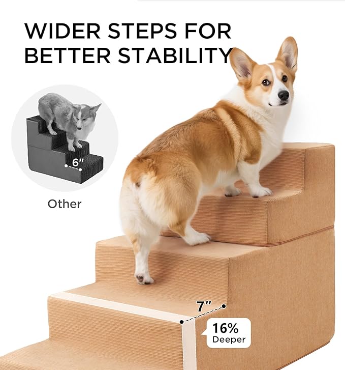 Made4Pets Dog Stairs for High Bed, Extra Wide Pet Stairs for Bed Couch Sofa, 35D Foam Pet Steps for Small Dogs and Cats, Non-Slip Bottom Dog Steps, Tan, 5 Steps