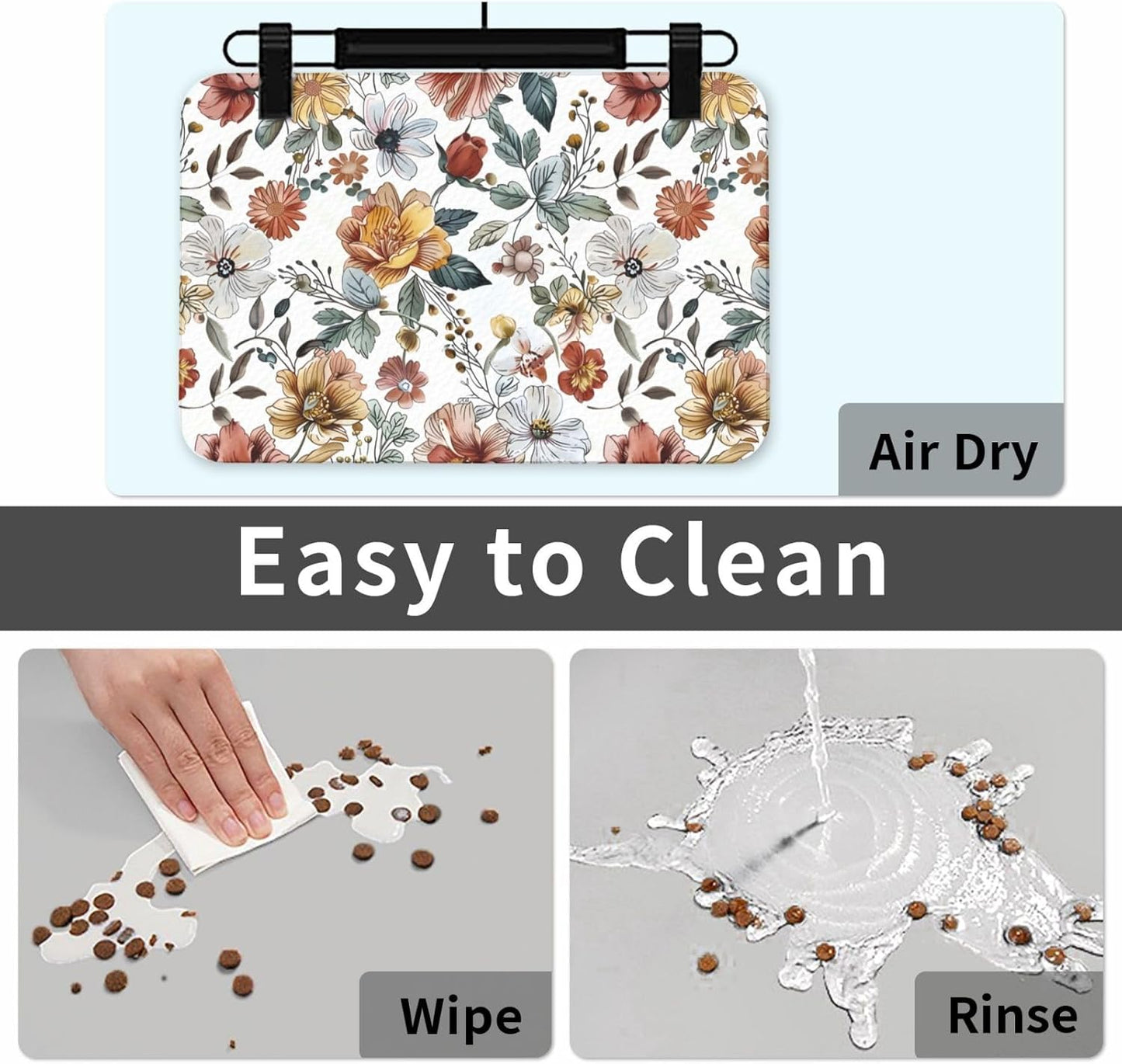 Flowers Pattern Dog Food Mat Absorbent Bowl Mats No Stains Quick Dry Waterproof Pet Cat Placemats for Food and Water, 30x45cm