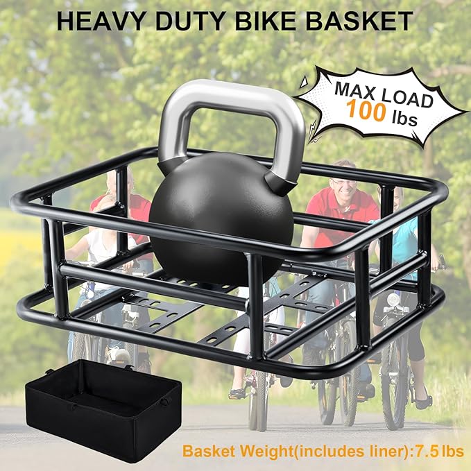 Bike Basket Rear with Liner,Waterproof Cover,Cargo Net Large Rear Bike Basket,Heavy Duty Bicycle Rear Basket for Electric Bike, Ebike,Great for Bike Trip,Carrying Grocery,Ball,Dog