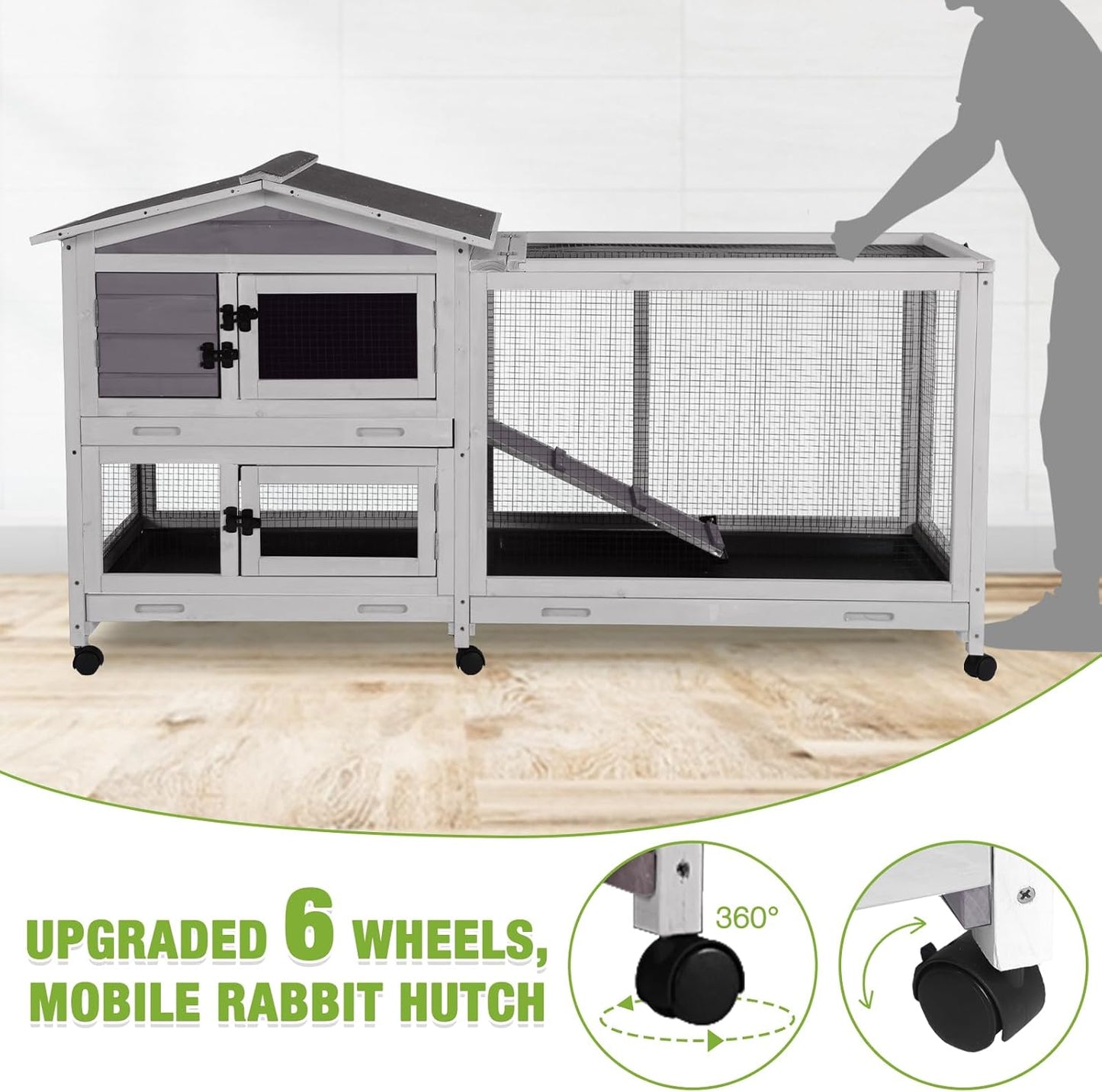 GUTINNEEN Rabbit Hutch Indoor with Chew-Proof Ramp, 62" L Wooden Rabbit Cage with 6 Casters, Bunny Cage with 2 Trays and 2 Story for Small to Medium Animals (Gray)