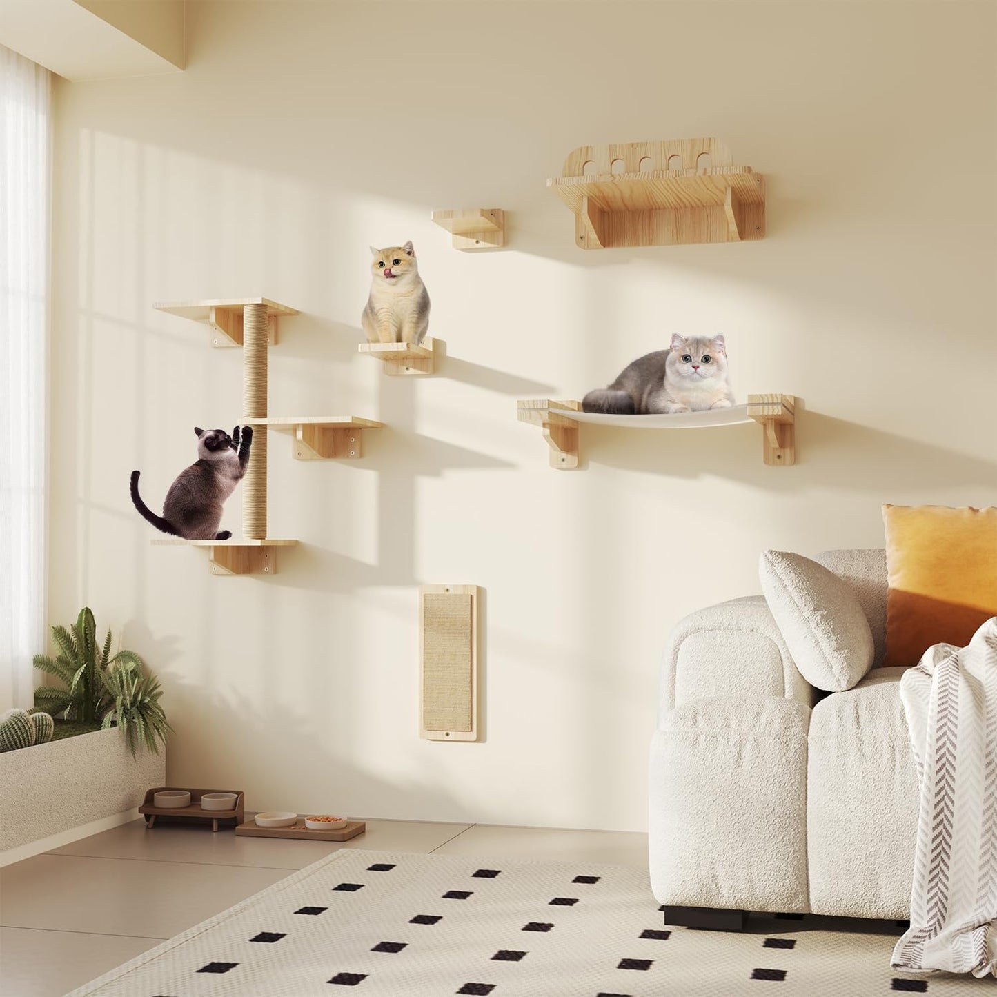 Cat Wall Shelves, Set of 6 Wooden Cat Wall Furniture Includes Scratching Post with 3 Steps, Jumping Platform, Hammock and Scratcher Board for Kittens