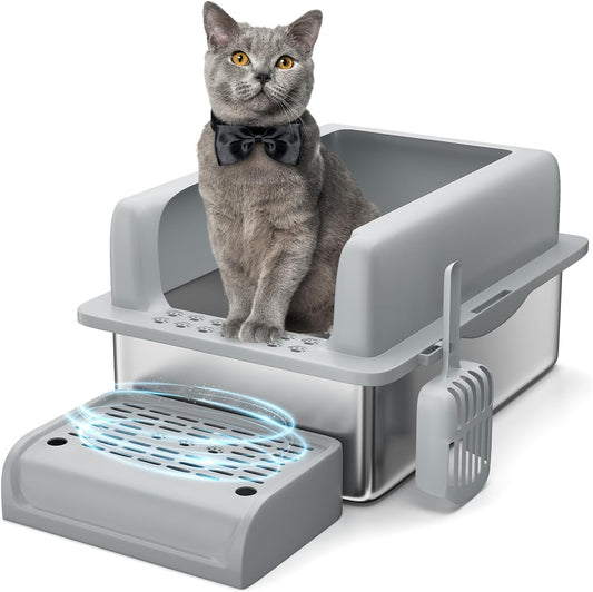 Stainless Steel Cat Litter Box 6 inch, XXL Large Cat Litter Tray with High Side, Platform Step and Scoop for Big Cats Multiple Cats, Easy Clean