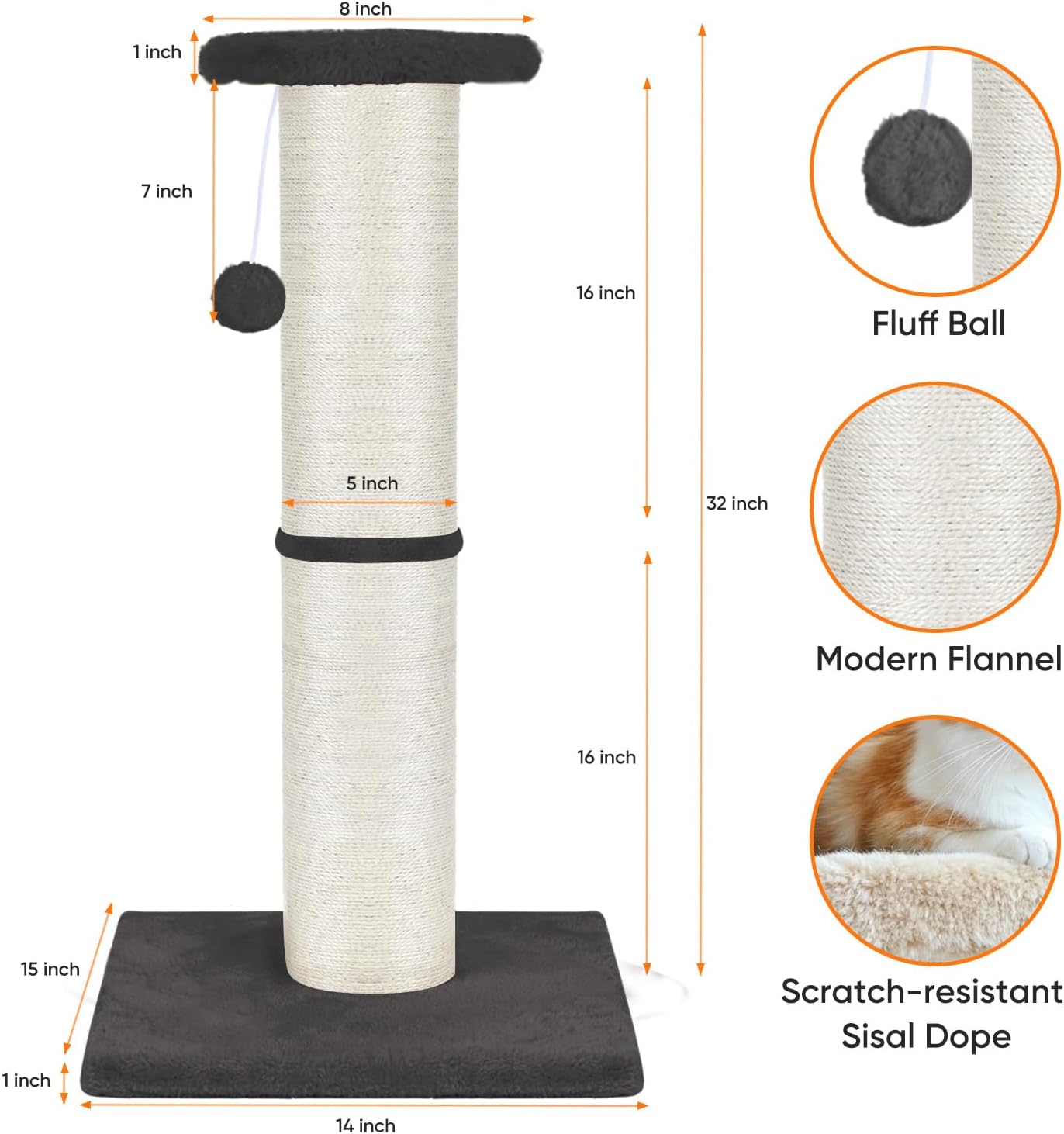 PAWSCRAT Cat Scratching Post 32" Tall, Large Diameter Natural Sisal Cat Scratch Post with Dangling Ball, Scratch-Resistant and Durable Tall Cat Scratcher for Indoor Cats, Protect Your Furniture, Grey