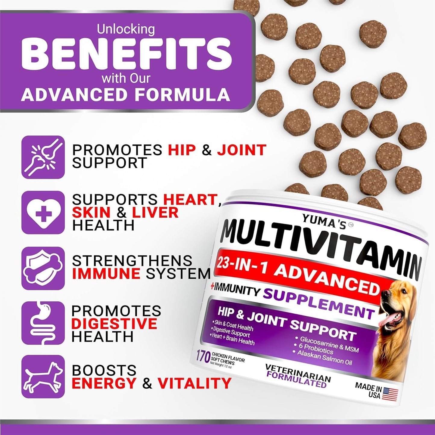 2-Pack Dog Multivitamin Chewable with Glucosamine - Dog Vitamins and Supplements - Senior & Puppy Multivitamin for Dogs - Hip & Joint Support - Immune Health, Skin, Heart, Digestion, Probiotics