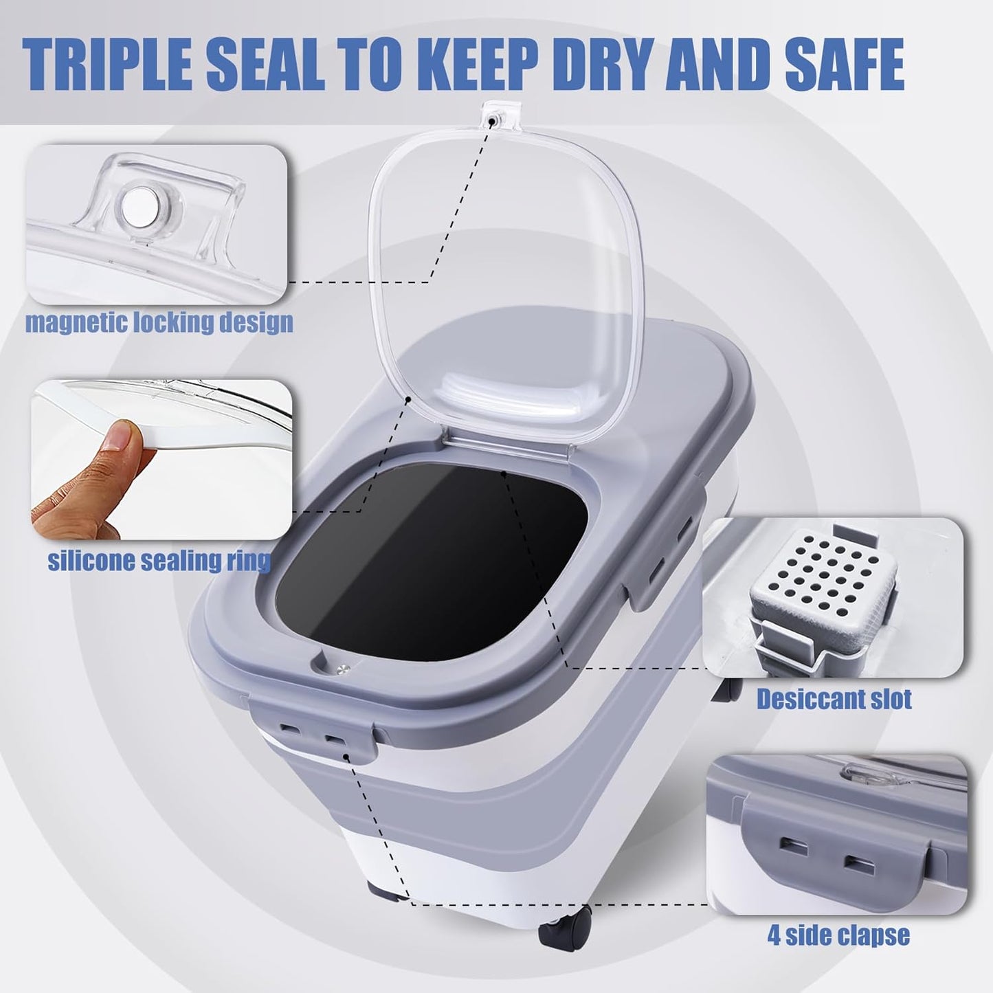 Collapsible Dog Food Storage Container, Airtight 30 35 Lbs Rice Cereal Flour Sugar Containers, Sealable Plastic 20 25 Pound Dog Pet Cat Bird Seed Kitchen Pantry Holder Bin Bucket with Rolling Wheel