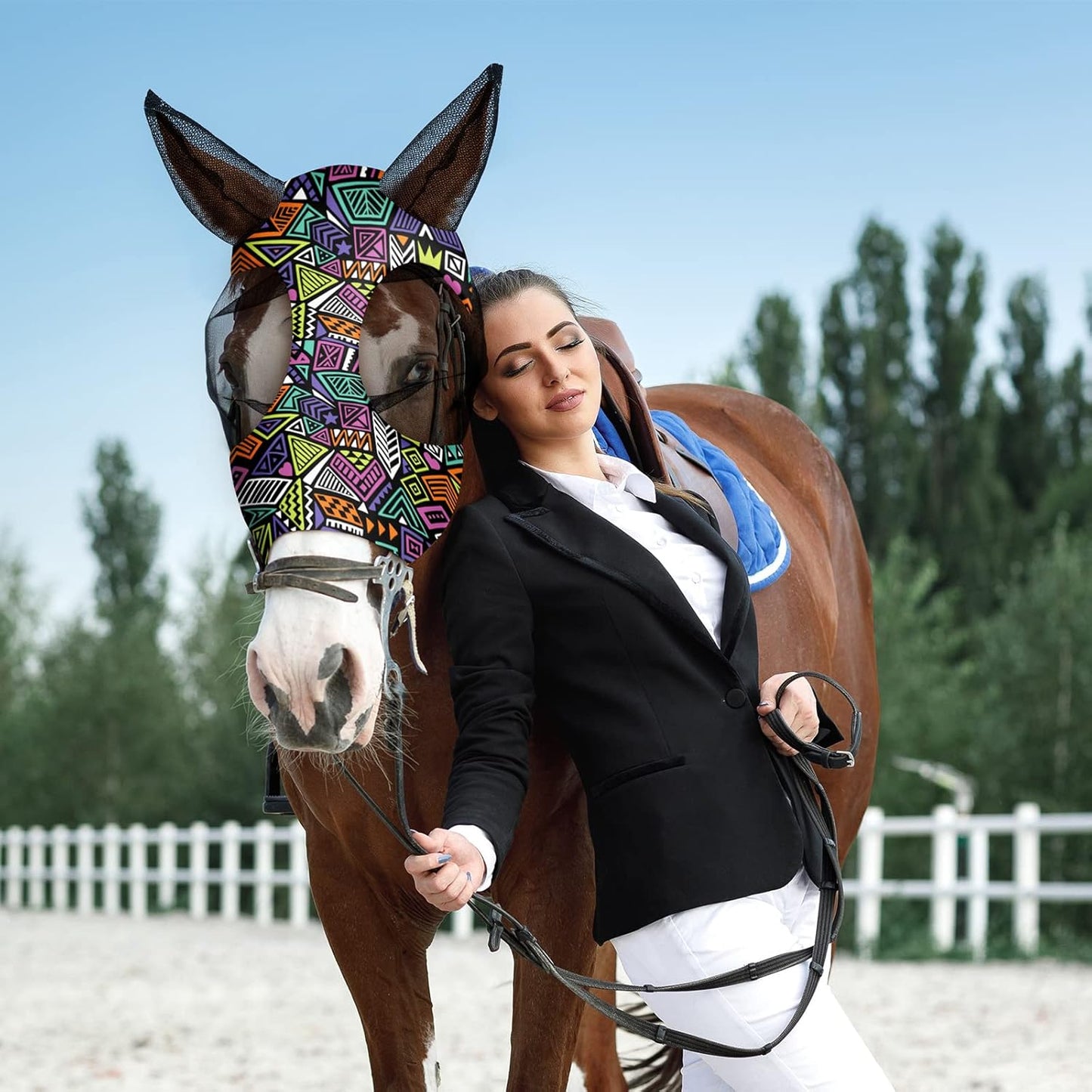 Qualirey12 Pieces Horse Fly Mask Bulk Comfortable Elasticity Mask for Horses with Ears Net UV Protection Breathable Horse Supplies Face Covering for Horse Pony and Foal (Geometric Patterns, Medium)