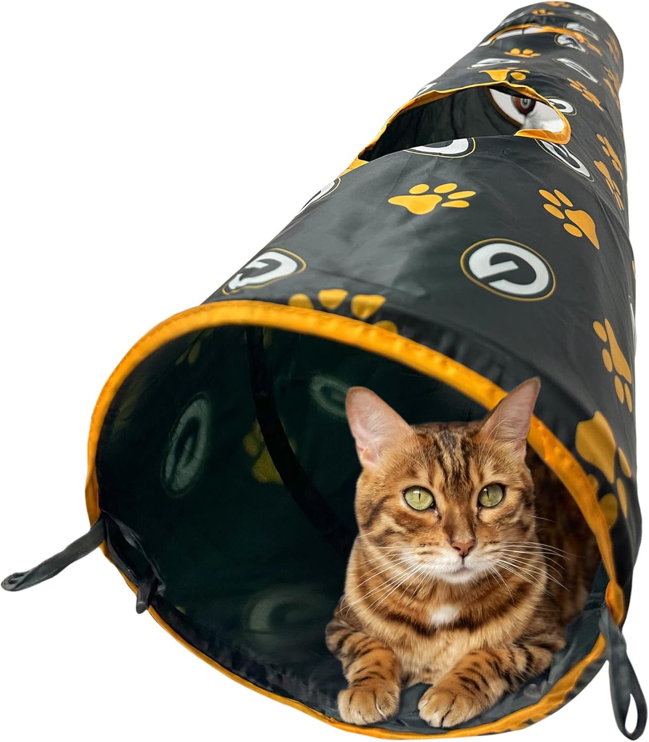 NFL Green Bay Packers Cat Tunnel Tube Toy with Plush Football Catnip and Feathers Collapsible Tunnel for Cats to Play, Peek and Hide, Sporty & Fun Cat Tunnel Toy with Team Logo All-Over Design!