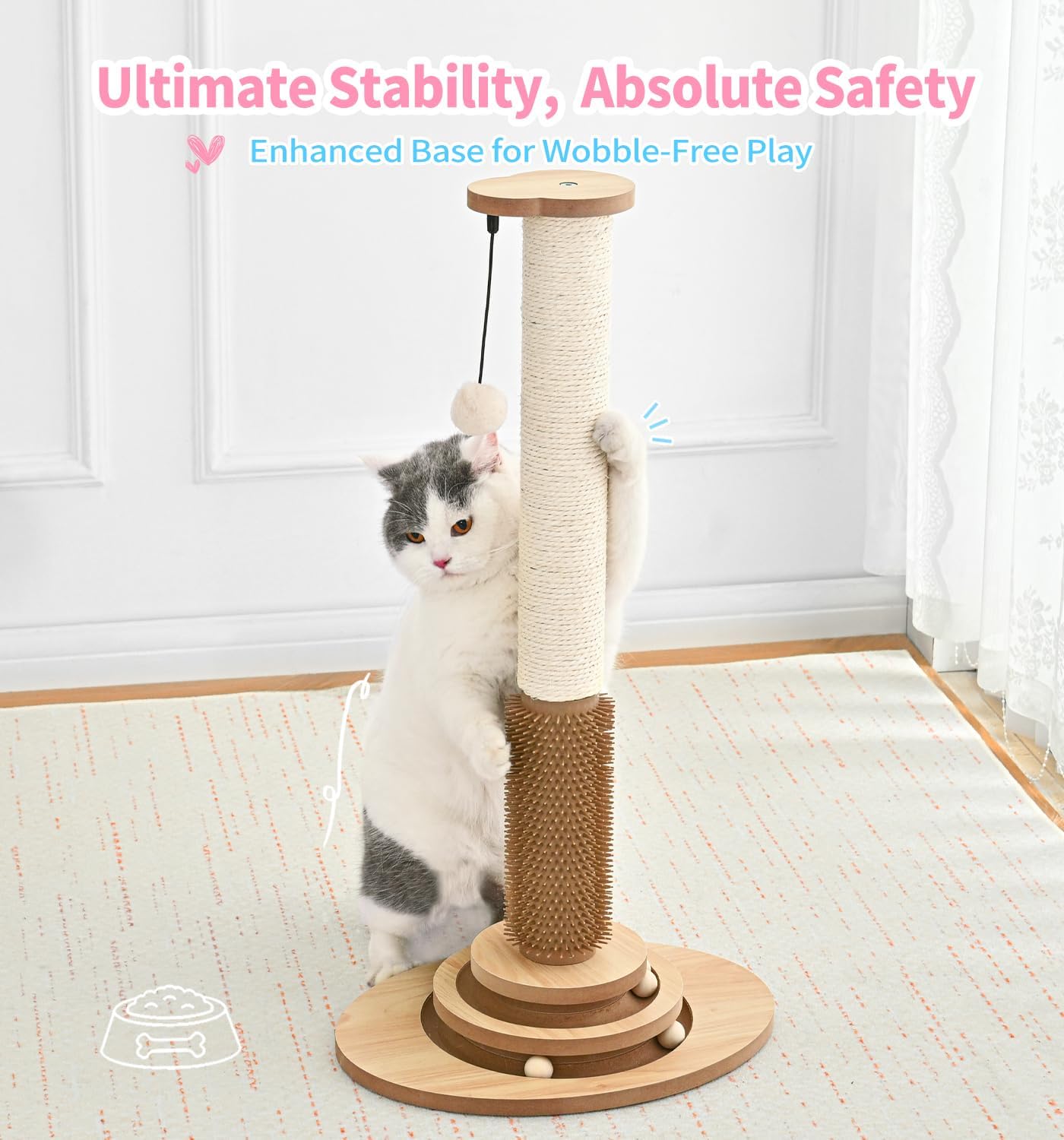 Made4Pets Cat Scratching Post Premium Sisal Cat Scratcher Kitten Toys for Indoor Kittens 28.3" Tall Cat Tower Scratch Post Cat Tree Wooden Interactive Ball Track Cat Toy with Hanging Ball, Beige
