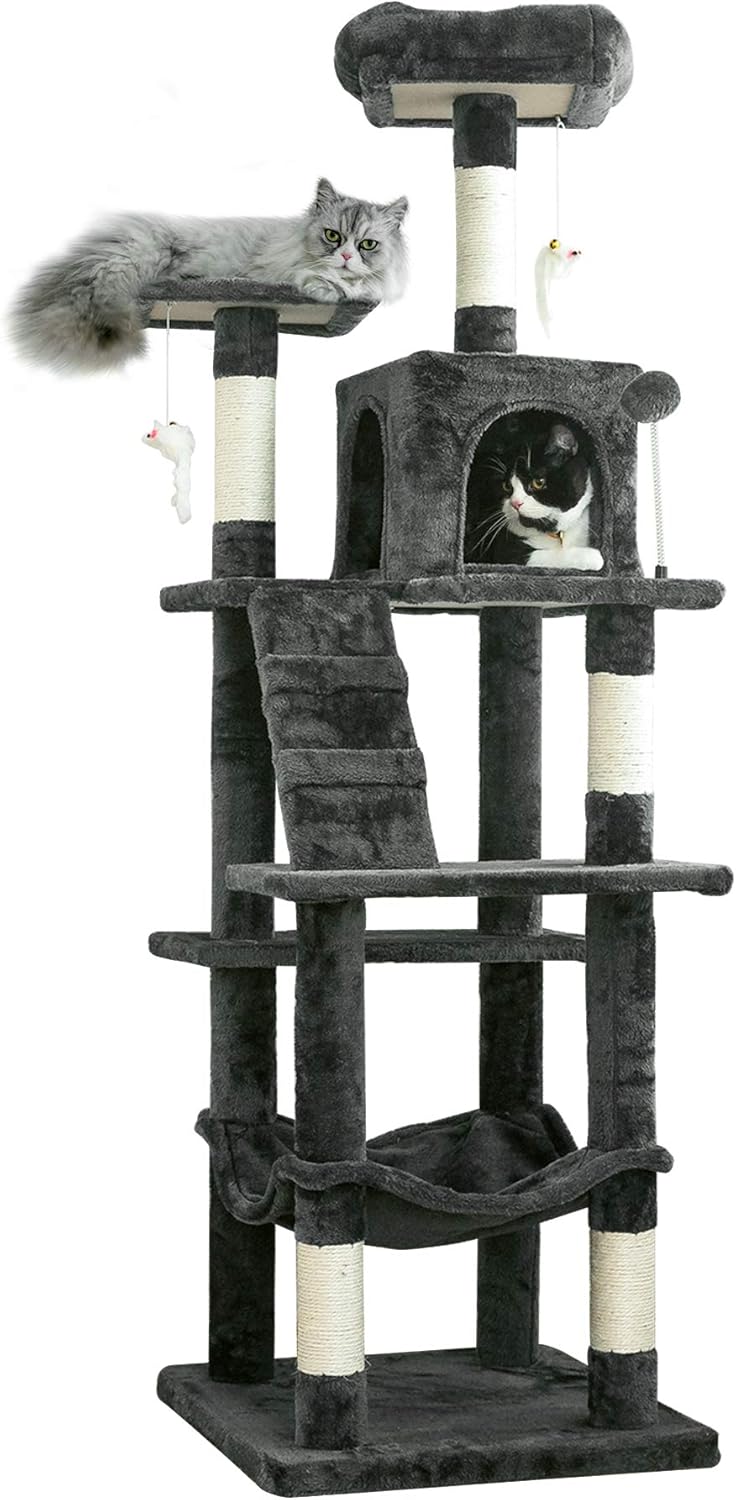 MWPO 63.8 inches Multi-Level Cat Tree for Large Cats with Sisal-Covered Scratching Posts, Padded Platform, Hammock and Condo,Stable Cat Tower Cat Condo Pet Play House-Smoky Gray