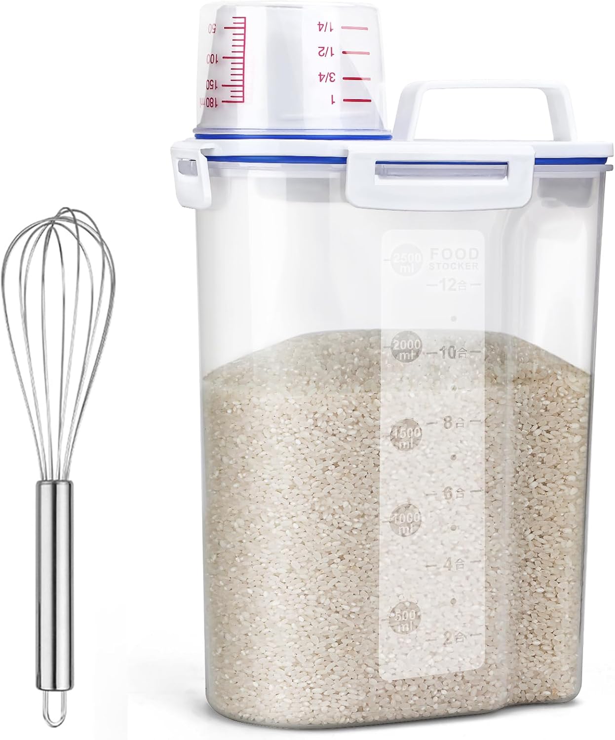 Rice Airtight Dry Food Storage Containers, BPA Free Plastic Sealed Holder Bin Dispenser with Pouring Spout, Measuring Cup for Cereal, Flour and Oatmeal, Include a Stainless Steel Whisk
