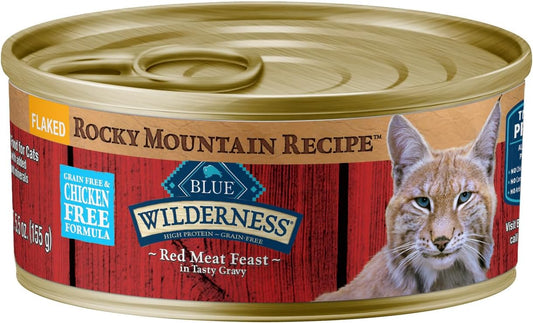 Blue Buffalo Wilderness Rocky Mountain Recipe Flaked Wet Cat Food, Chicken-Free & Grain-Free Recipe, Made with Natural Ingredients, Red Meat in Tasty Gravy, 5.5-oz. Cans (24 Count)