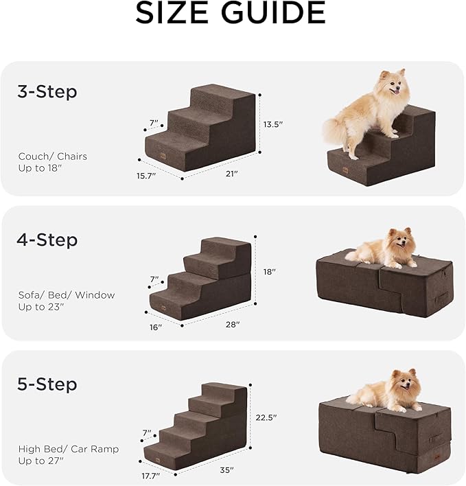 Made4Pets Dog Stairs for Small Dogs, Extra Wide Dog Steps for Bed Couch Sofa and Chair, 35D Foam Pet Steps for Small Dogs and Cats, Non-Slip Bottom Pet Stairs, Brown, 3 Steps