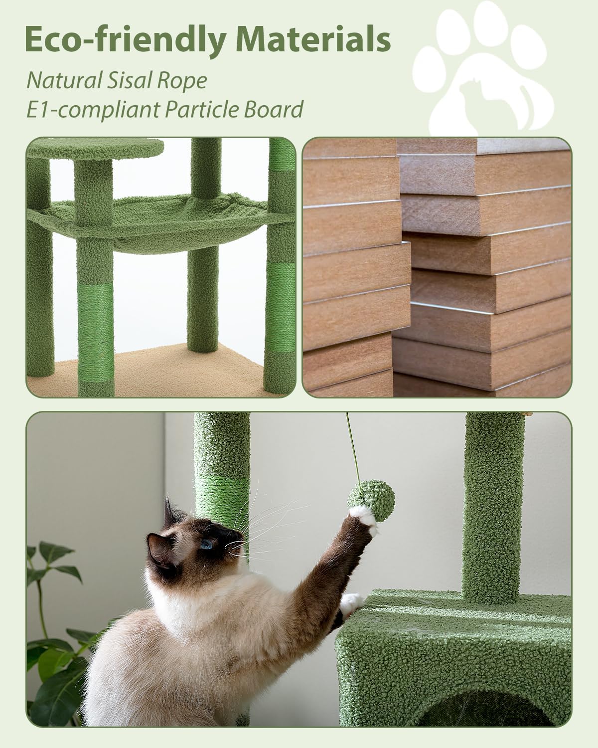 Cactus Cat Tree for Large Cats with Metal Plush Big Hammock, 56.3" Cat Tower for Indoor Cats with 2 Door Condo House, 6-Tier Cat Shelves with Scratching Posts and Large Top Perch,Green