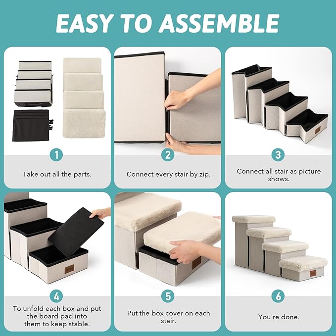 Dog Stair for Small Dogs with Storage, 21" H Foldable Pet Step with Soft Cover, Older Cat Ramp for High Bed or Car, Lightweight, Comfort, 39.7x13x21.2 inch, 5 Tiers, Beige