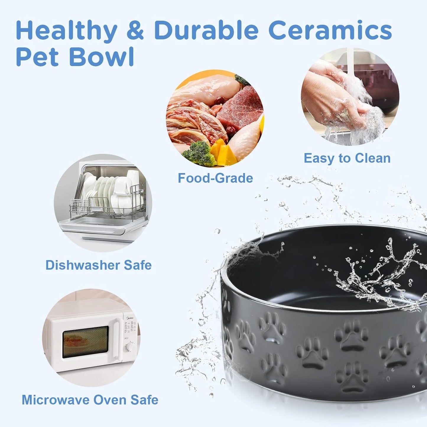 SPUNKYJUNKY Ceramic Dog Bowls 2 Pack, 8.3'' Dog Food Water Double Feeding Bowls Non-Slip for Medium to Large Sized Breed Microwave Dishwasher Safe - 60 OZ, 2pcs, Paw Black