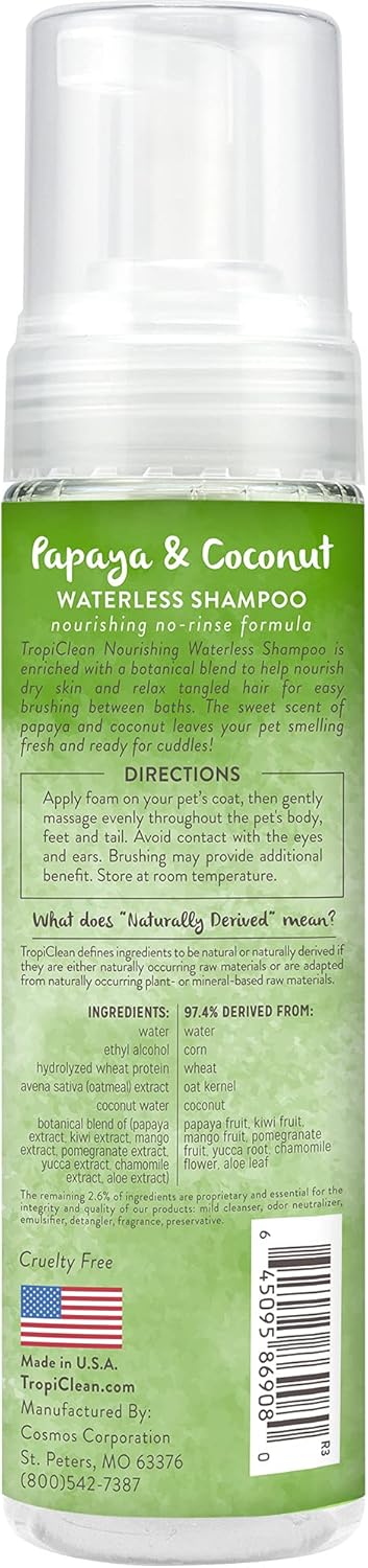 TropiClean No Rinse Waterless Dog Shampoo | Detangling & Deodorizing Dry Shampoo for Smelly Pets | Moisturizes Dry Skin | USA Made | Papaya Scent | 7.4oz