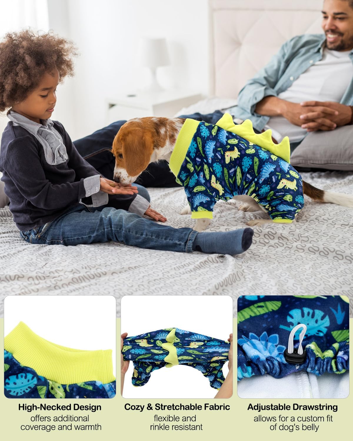 CuteBone Dinosaur Costume Dog Pajamas, Stretchy Spandex Crystal Velvet Sleepwear Coat for Small Dogs, Soft & Warm Pet Outfit Clothes for Cold Weather, Cozy Pullover Design COSP10S