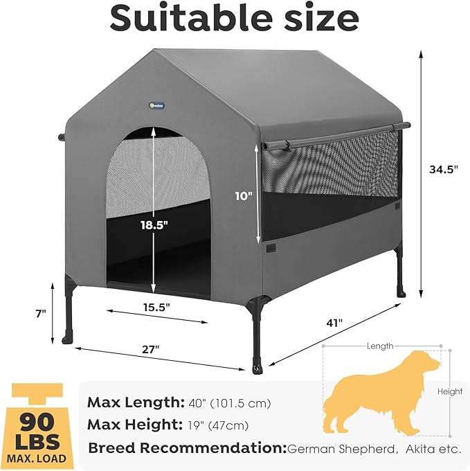Veehoo 41" Dog House, 2-in-1 Large Dog House Outdoor Indoor Weatherproof, Outside Elevated Dog Cot Bed Dog Tent Shade, Three-Sided Breathable Mesh Windows and Sunshades, CWC2435CP