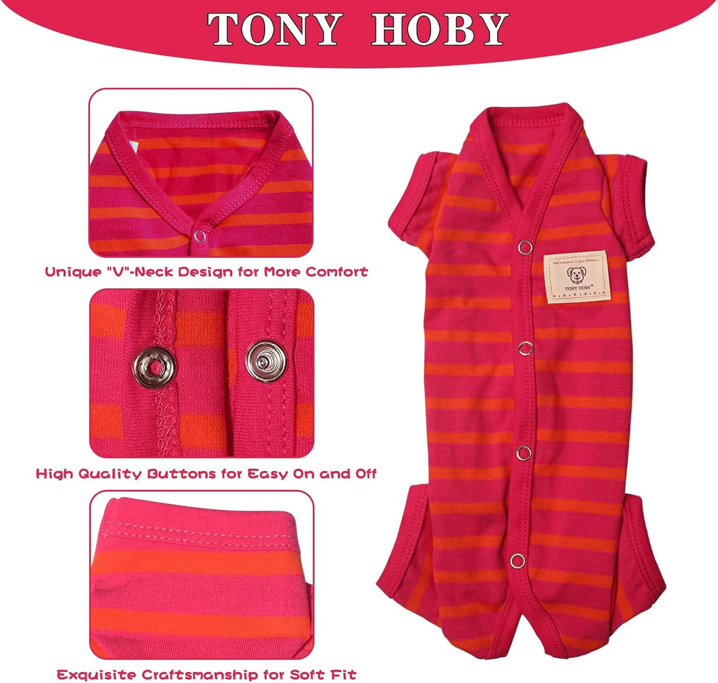 TONY HOBY Dog Pajamas, Female/Male Dog 4 Legged Pajamas, Soft Cotton Dogs Jumpsuit with Stripes (Rose Red&Orange, Girl, XL)