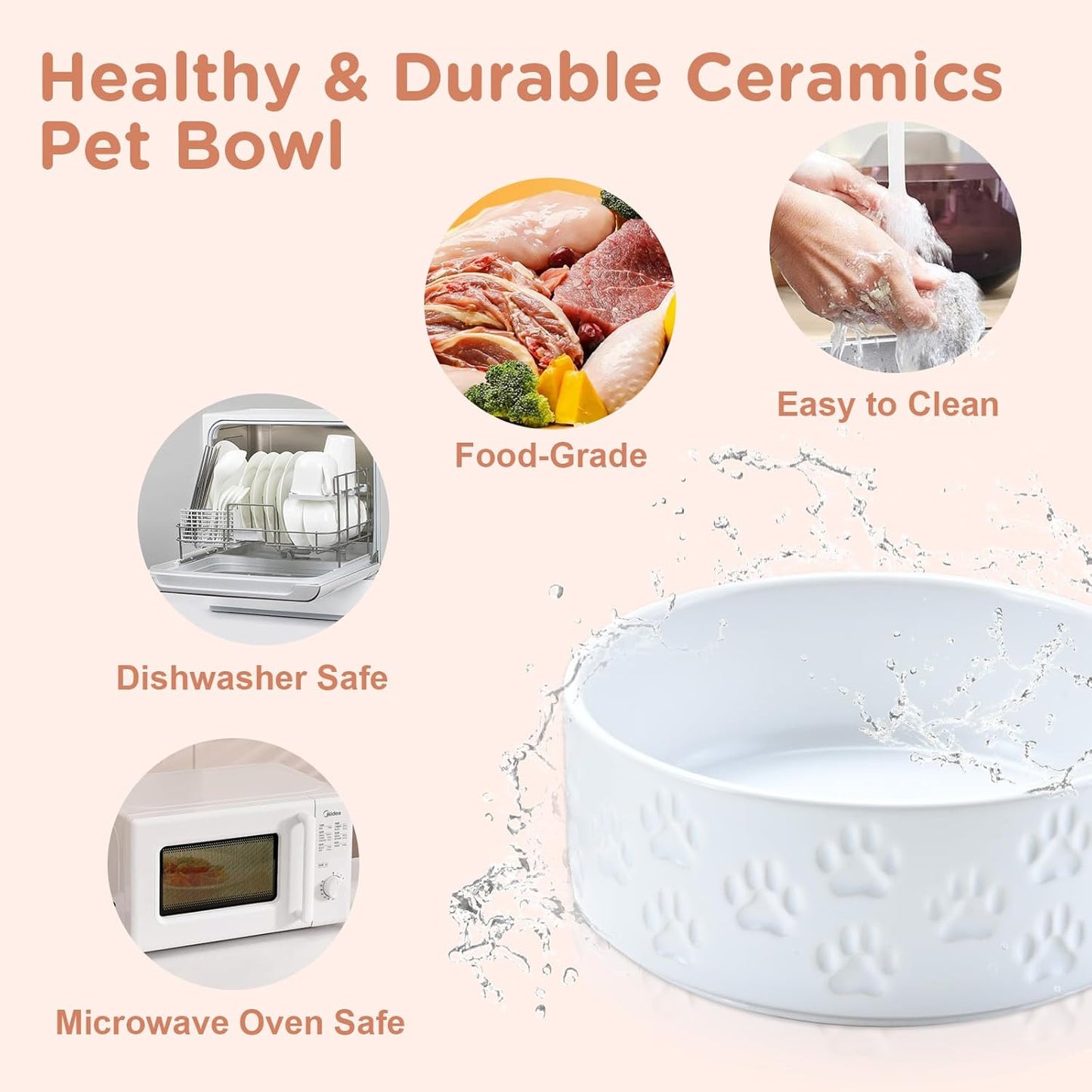 SPUNKYJUNKY Ceramic Dog Bowls 2 Pack, 7.3'' Dog Food Water Double Feeding Bowls Non-Slip for Medium to Large Sized Breed Microwave Dishwasher Safe - 42 OZ, 2pcs, Paw White