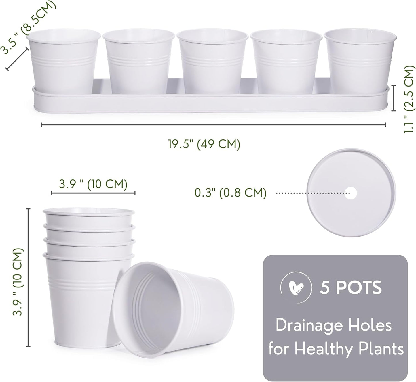 SCANDINORDICA White Herb Planter 5 Pots with Drainage Holes and Tray, Windowsill Planter, Indoor/Outdoor Herb Pots