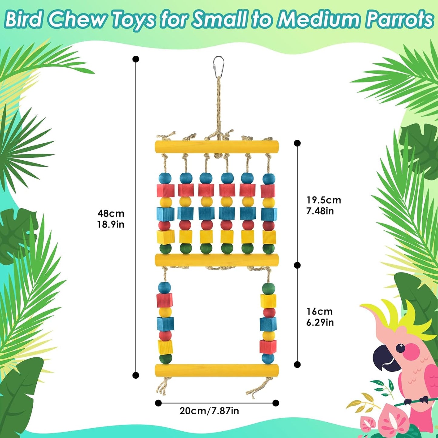 Bird Swing, Parrot Chew Toy with Wooden Perches Stand, Hanging Colorful Wood Block Bird Cage Accessories for Budgerigar, Canaries, Cockatiels, Parakeets, Conures, Finches, Mynah
