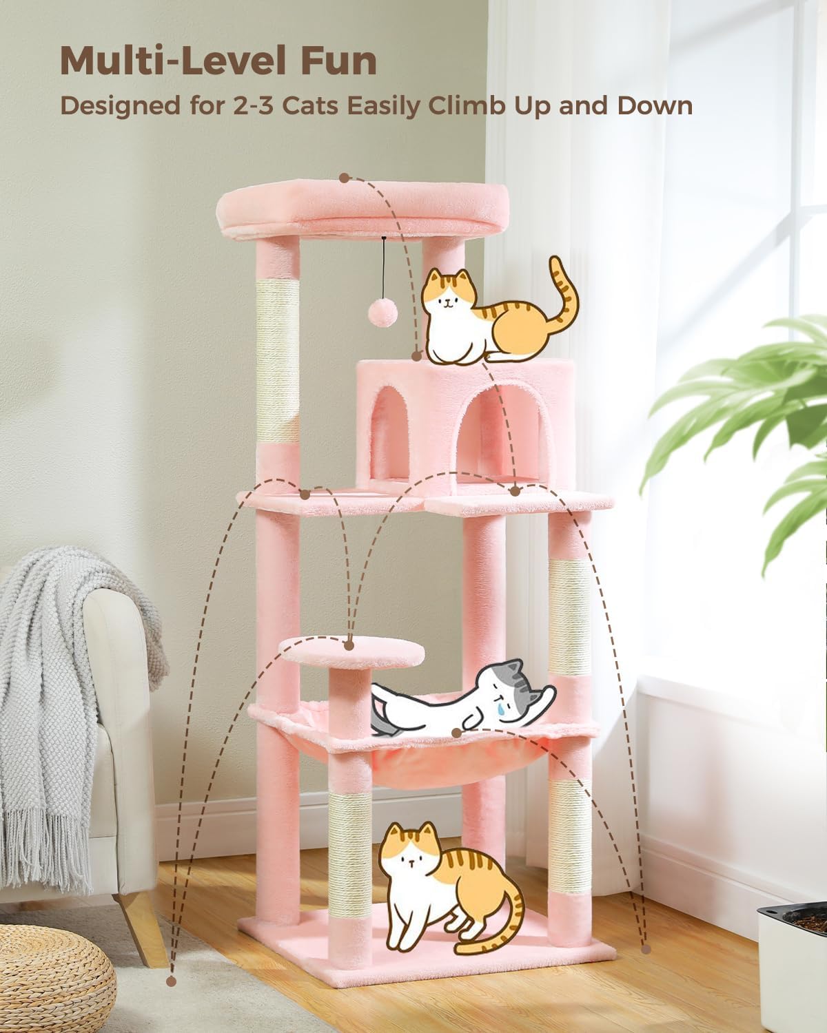 Cat Tree for Large Cats Adult with Metal Plush Big Hammock, 56.3" Cat Tower with 2 Door Condo House, 6-Tier Cat Shelves with Scratching Posts and Large Top Perch, Light Pink