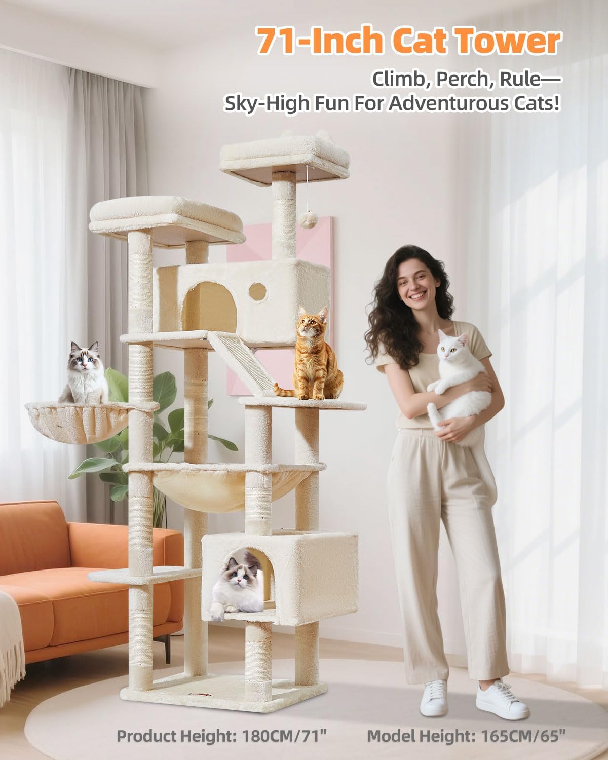 Taoqimiao Cat Tree 71-Inch, Cat Tower for Indoor Cats Large Adult, Multi-Level Large Cat Condo, 8 Sisal Scratching Posts, Metal Frame Cozy Hammock, Scratch Board, 2 Top Perches, Beige MS026LM
