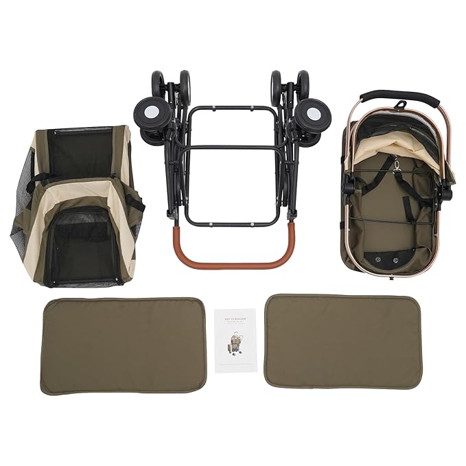 Double Pet Stroller with Detachable Carriers, Large Cat & Dog Stroller with 4 Wheels, Foldable Pet Strollers Small & Medium Dogs Cats 77lbs (Dark Green)