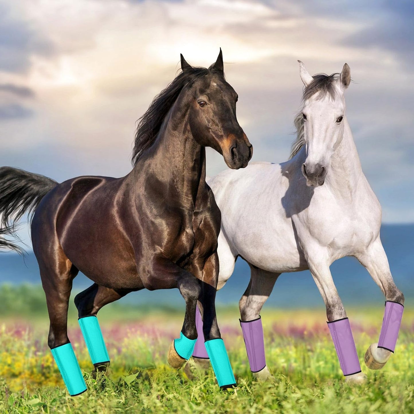 Jexine 12 Fly Boots for Horse Set of 12 Loose Breathable Mesh Horse Fly Sheets Protective Horse Leg Wraps Leggings for Preventing Flies and Mosquitoes Bites (Green, Purple, Yellow)