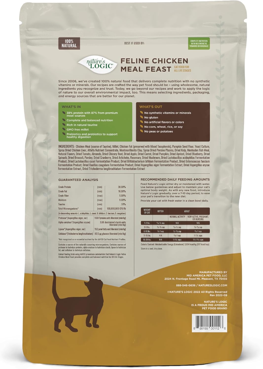 Nature's Logic Feline Chicken Meal Feast Cat Food - High-Protein Dry Food for Cats, 100% Natural Nutrition with Probiotics & Prebiotics - All Life Stages - Chicken, 7.7lbs