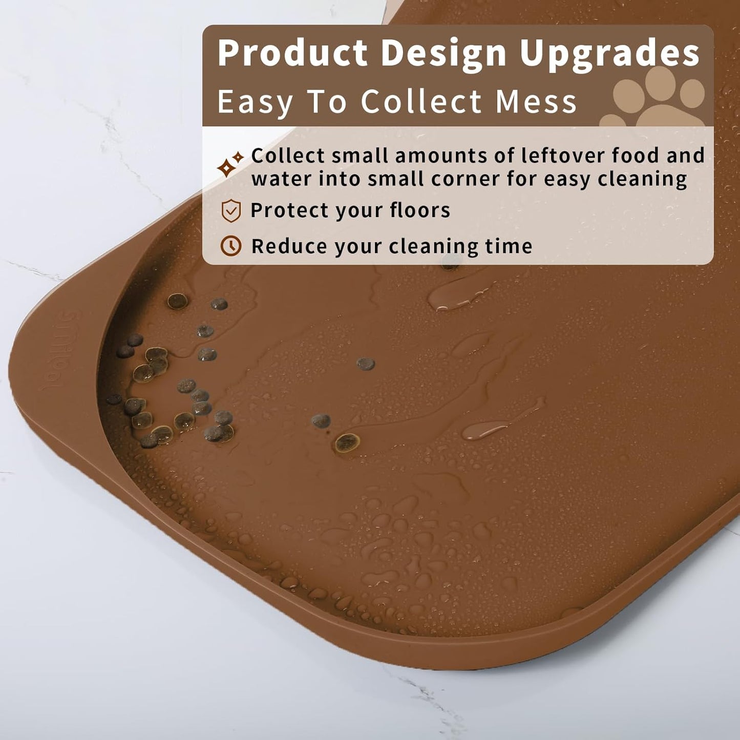 Silicone Pet Feeding Mat with Raised Edge & Residue Collection Pocket for Food and Water, Dog Bowl Mats, Cat Bowls Placemat with High Lip for Floor Waterproof, 19 x 12 x 0.7 Brown