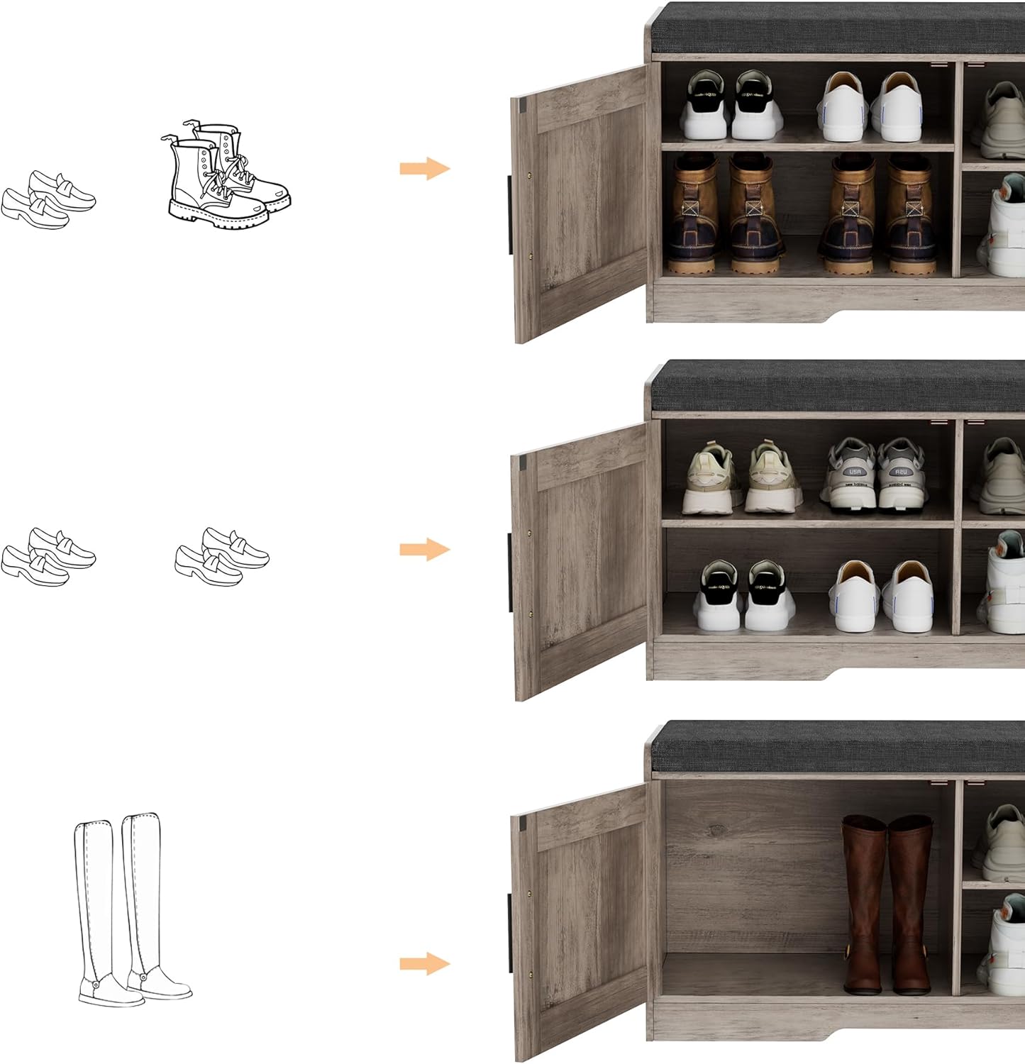 2-Tier Storage Bench, Shoe Bench with Thickened Padded Seat Cushion, Entryway Bench with 2 Doors, Adjustable Shelf, 13.8" D x 37.4" W x 18.5" H, for Entryway, Living Room, Bedroom, Greige