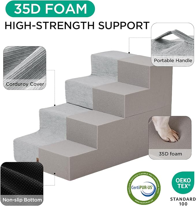 Made4Pets Dog Stairs for Small Dogs, Extra Wide Dog Steps for Bed Couch Sofa and Chair, 35D Foam Pet Steps for Small Dogs and Cats, Non-Slip Bottom Pet Stairs, Light Grey, 3 Steps