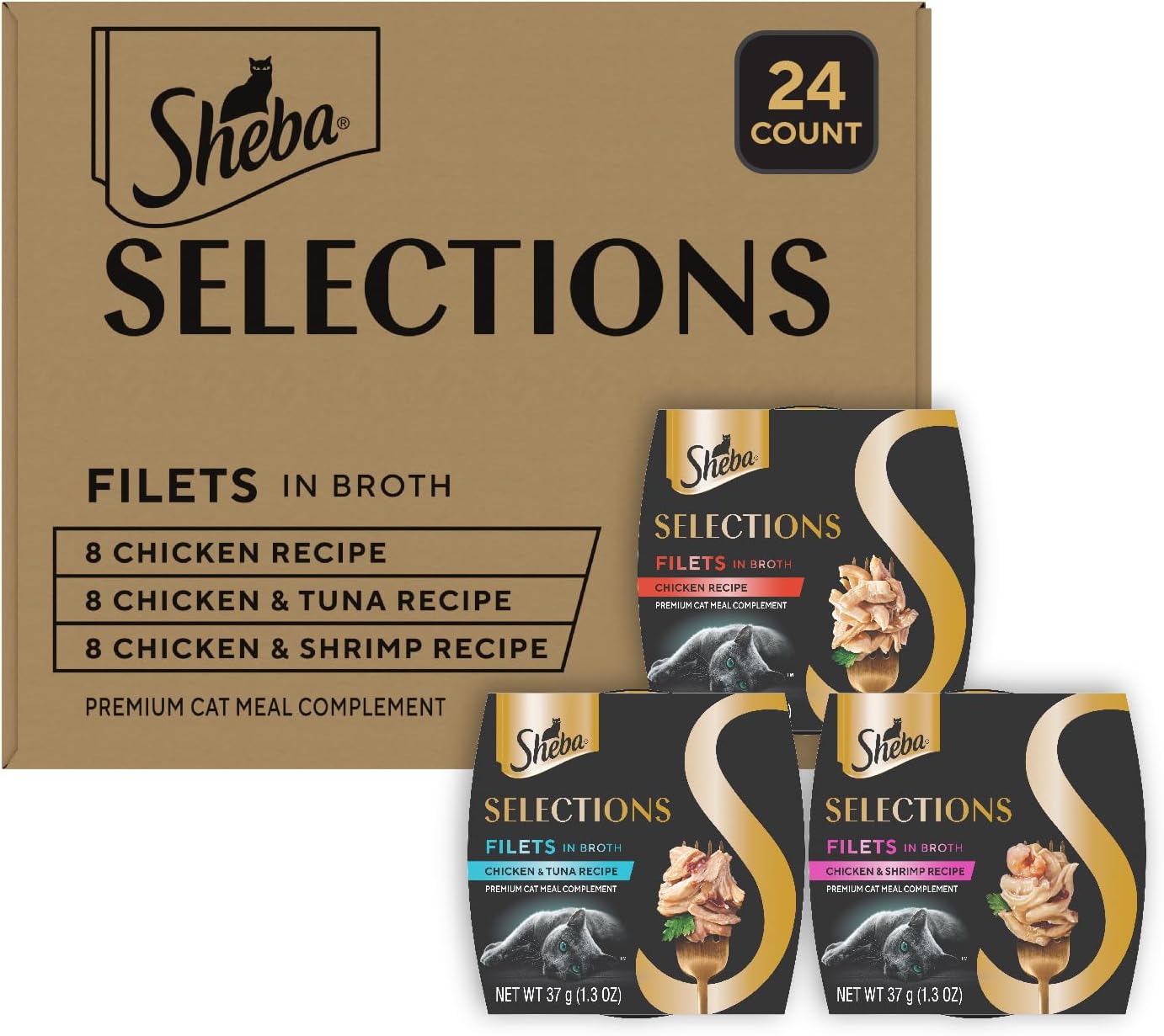 Sheba Selections Filets in Broth Adult Wet Cat Meal Complement Chicken, Tuna, or Shrimp Recipe, 1.3 oz. Cups, 24 Count
