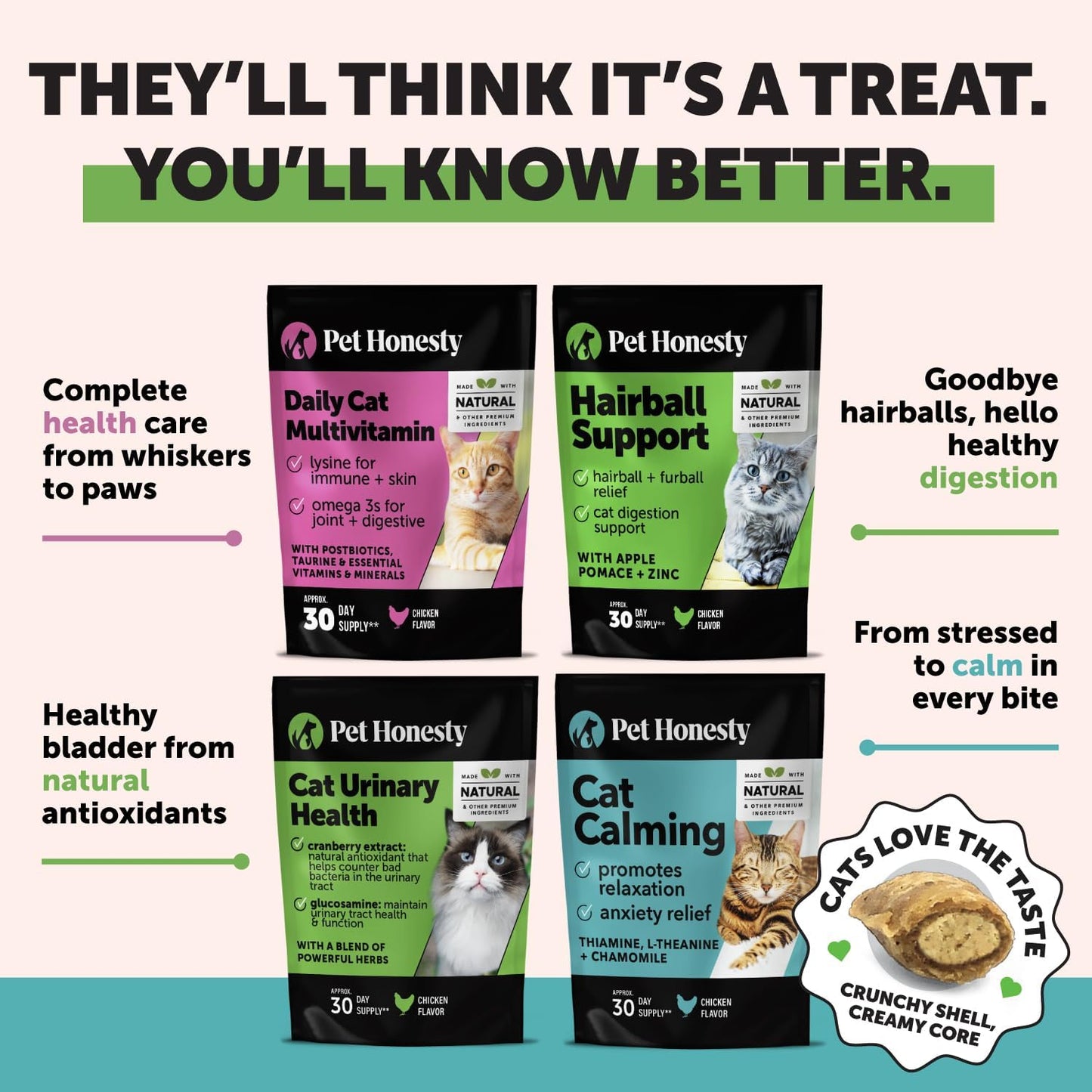 Cat Hairball Support Crunchy & Creamy Chews, Hairball Remedy Cat Treats, Furball Treatment, Supports Skin & Coat, Digestion, Vitamins & Hairball Medicine, Chicken (90-Day Supply)